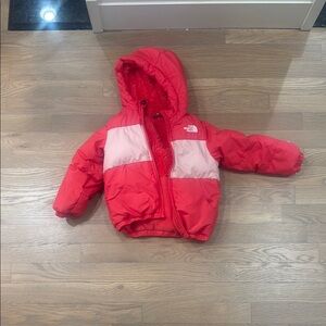 Red and Pink Hooded Puffer Jacket